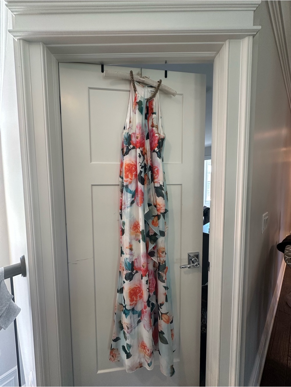 Calvin Klein White Halter Maxi Dress with Coral and Teal Floral Print